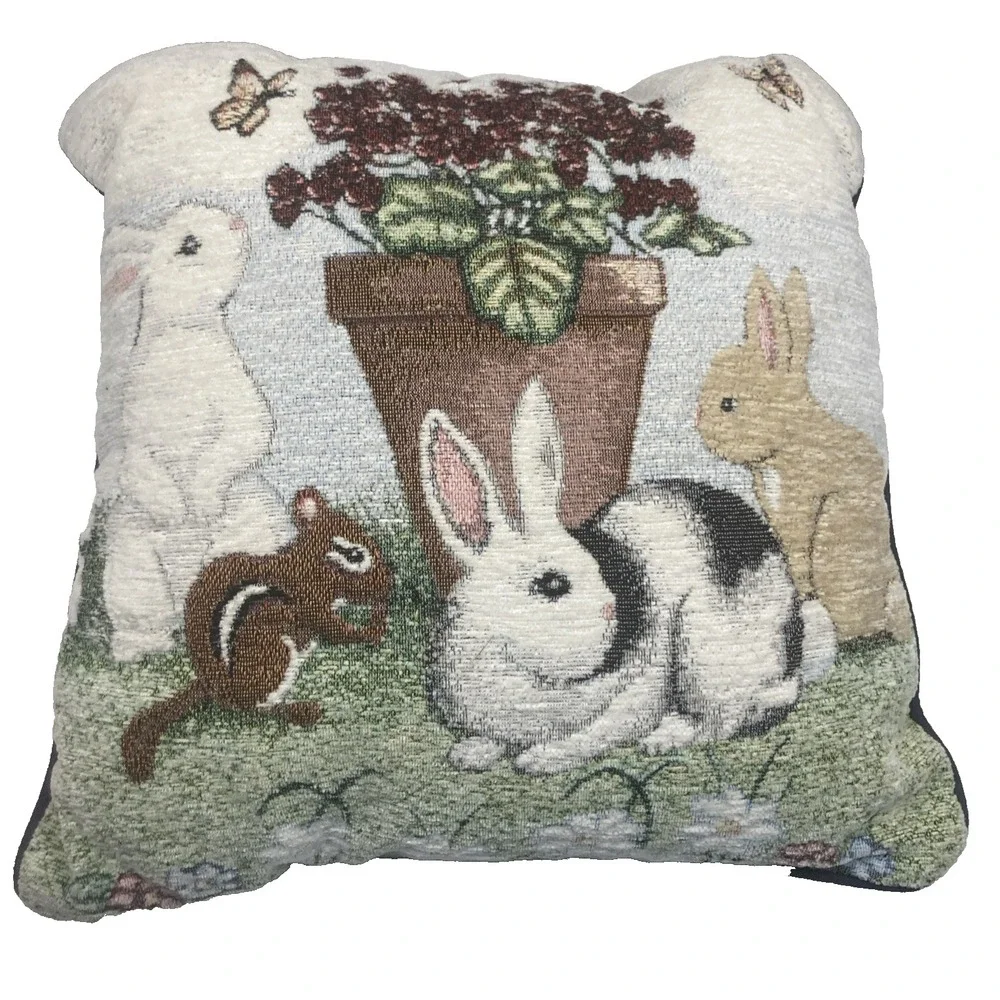 Vtg Kohl's‎ Chenille Easter Tapestry Throw Pillow Bunny Rabbits & Squirrel 16